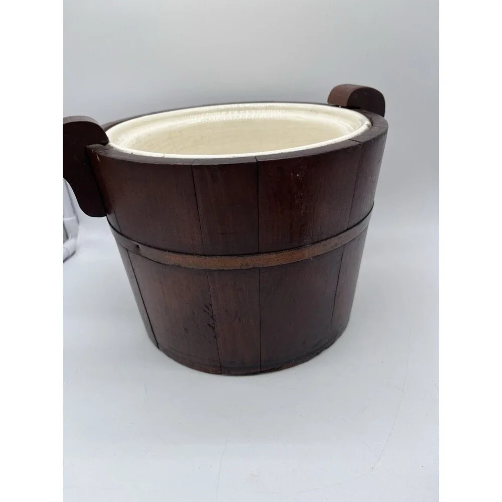 Antique Primitive Porcelain Lined Biscuit/Tobacco Jar/Ice Bucket Wooden Barrel